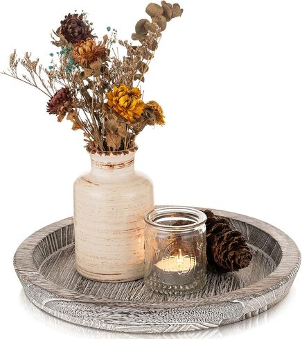 Romadedi Rustic Wooden Tray Candle Holder - Round Wood Decorative Pillar Candle Tray for Coffee Table Farmhouse Kitchen Countertop Organizer Home Decor Wedding Centerpiece, Distressed White in Kuwait