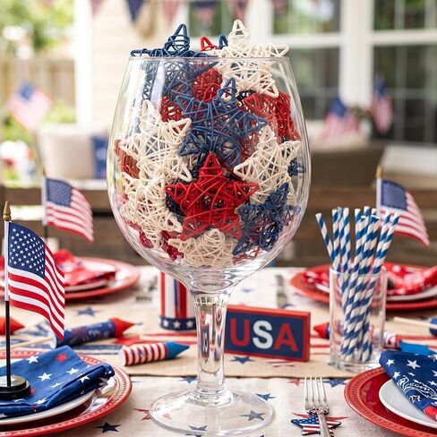 18 Pcs 4th of July Decorations Patriotic Rattan Star Decor Red White and Blue Decorations 3.1 Inch Independence Day Table Decor Party Decorations Vase Bowl Fillers in Saudi Arabia