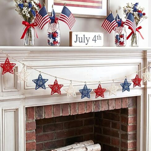 18 Pcs 4th of July Decorations Patriotic Rattan Star Decor Red White and Blue Decorations 3.1 Inch Independence Day Table Decor Party Decorations Vase Bowl Fillers in Saudi Arabia