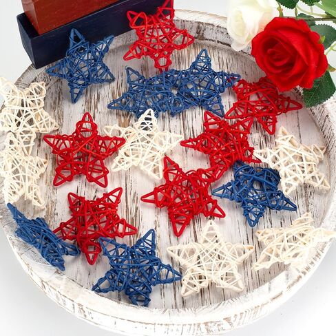18 Pcs 4th of July Decorations Patriotic Rattan Star Decor Red White and Blue Decorations 3.1 Inch Independence Day Table Decor Party Decorations Vase Bowl Fillers in Saudi Arabia