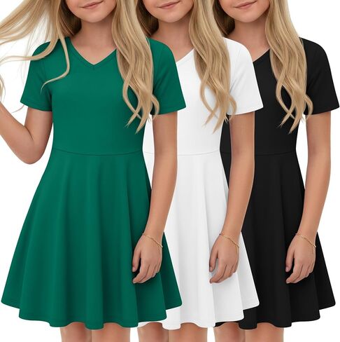 Halfchet 3 Pack Girls Dress 5-14 Y Teens A Line Swing Short Sleeve Summer Knitted Cute Dresses for Graduation Skater Twirl in Kuwait