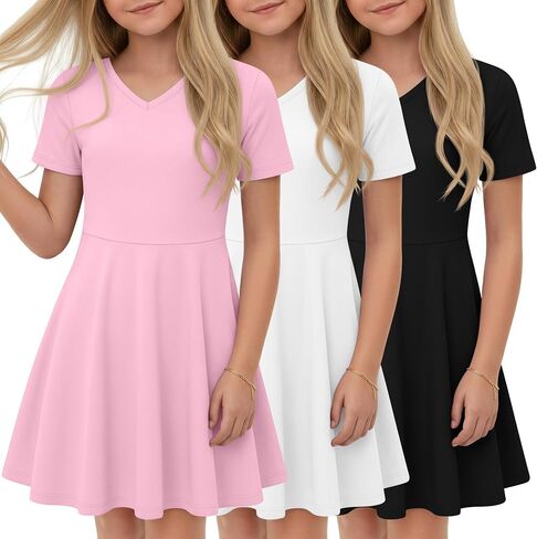 Halfchet 3 Pack Girls Dress 5-14 Y Teens A Line Swing Short Sleeve Summer Knitted Cute Dresses for Graduation Skater Twirl in Kuwait