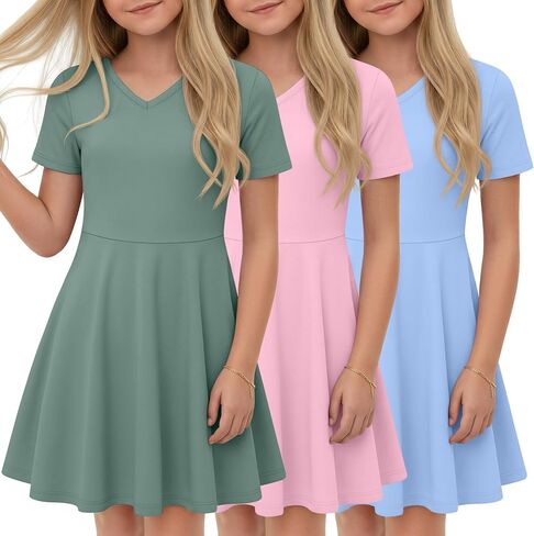 Halfchet 3 Pack Girls Dress 5-14 Y Teens A Line Swing Short Sleeve Summer Knitted Cute Dresses for Graduation Skater Twirl in Kuwait
