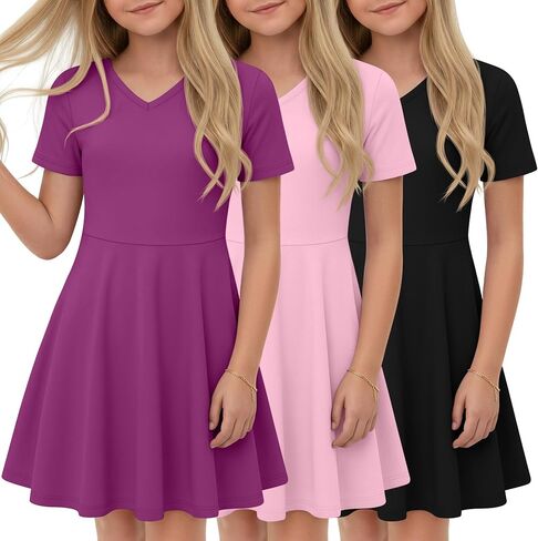 Halfchet 3 Pack Girls Dress 5-14 Y Teens A Line Swing Short Sleeve Summer Knitted Cute Dresses for Graduation Skater Twirl in Kuwait