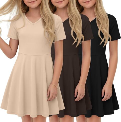Halfchet 3 Pack Girls Dress 5-14 Y Teens A Line Swing Short Sleeve Summer Knitted Cute Dresses for Graduation Skater Twirl in Kuwait