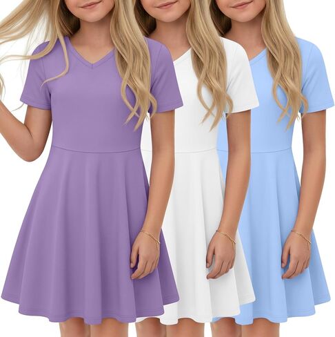 Halfchet 3 Pack Girls Dress 5-14 Y Teens A Line Swing Short Sleeve Summer Knitted Cute Dresses for Graduation Skater Twirl in Kuwait