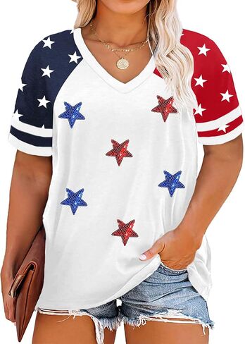 Plus Size USA Shirts for Women 4th of July Tshirt America Patriotic Tops Star and Stripes V Neck Tees in Kuwait