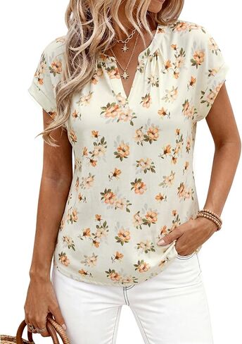 PRETTYGARDEN Rolled Short Sleeve Womens Tops Dressy Casual T Shirts Summer Floral V Neck Ladies Blouses Vacation Outfits in Kuwait
