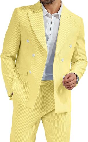 High-End Suits Men's Seersucker Suits 2 Piece Casual Summer Beach Wedding Prom Suit Yellow Prom Striped Blazer Pants Set XXL in Saudi Arabia