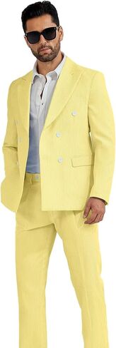 High-End Suits Men's Seersucker Suits 2 Piece Casual Summer Beach Wedding Prom Suit Yellow Prom Striped Blazer Pants Set XXL in Saudi Arabia