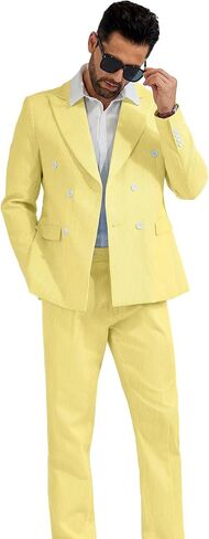High-End Suits Men's Seersucker Suits 2 Piece Casual Summer Beach Wedding Prom Suit Yellow Prom Striped Blazer Pants Set XXL in Saudi Arabia