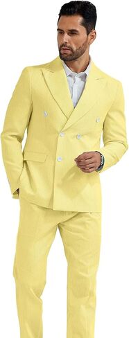 High-End Suits Men's Seersucker Suits 2 Piece Casual Summer Beach Wedding Prom Suit Yellow Prom Striped Blazer Pants Set XXL in Saudi Arabia