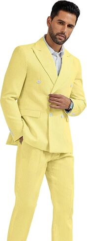 High-End Suits Men's Seersucker Suits 2 Piece Casual Summer Beach Wedding Prom Suit Yellow Prom Striped Blazer Pants Set XXL in Saudi Arabia