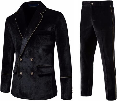 UNINUKOO Mens Suits Velvet 2 Piece Suit Slim Fit Double Breasted Formal Dinner Tuxedo (Order Two Size Up) in Kuwait