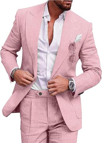 UNINUKOO Linen Suit for Men Summer Wedding 2 Piece Suit Set Peak Lapel Casual Blazer Pants Beach Wear for Men US Size M Light Pink in Kuwait