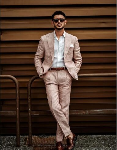 UNINUKOO Linen Suit for Men Summer Wedding 2 Piece Suit Set Peak Lapel Casual Blazer Pants Beach Wear for Men US Size M Light Pink in Kuwait