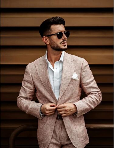 UNINUKOO Linen Suit for Men Summer Wedding 2 Piece Suit Set Peak Lapel Casual Blazer Pants Beach Wear for Men US Size M Light Pink in Kuwait