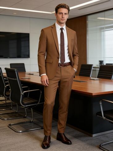 Men's 2 Piece Suit One Button Blazer Jacket Pants Tie Set, Slim Solid Tux Suits for Prom Wedding Business Brown in Saudi Arabia