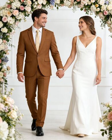 Men's 2 Piece Suit One Button Blazer Jacket Pants Tie Set, Slim Solid Tux Suits for Prom Wedding Business Brown in Saudi Arabia