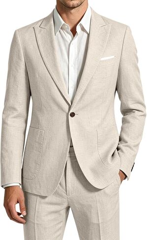 Men's Linen Suit 2 Pieces Casual Lightweight Blazer and Pants Beige Suits for Men Tuxedo Summer Beach Groom Wedding L in Kuwait