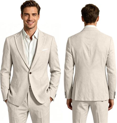 Men's Linen Suit 2 Pieces Casual Lightweight Blazer and Pants Beige Suits for Men Tuxedo Summer Beach Groom Wedding L in Kuwait