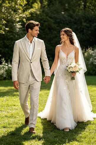 Men's Linen Suit 2 Pieces Casual Lightweight Blazer and Pants Beige Suits for Men Tuxedo Summer Beach Groom Wedding L in Kuwait
