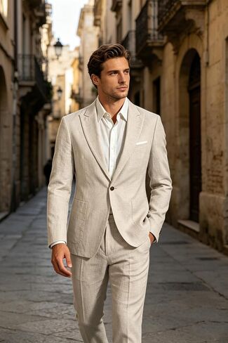 Men's Linen Suit 2 Pieces Casual Lightweight Blazer and Pants Beige Suits for Men Tuxedo Summer Beach Groom Wedding L in Kuwait