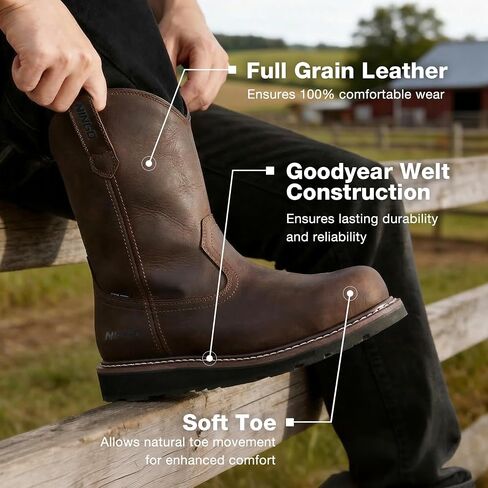 NINGO Soft Toe Work Boots for Men, Waterproof and Slip Resistant Pull-On Wellington Work Boots, Full-grain Leather, EH Protection and Durable Construction Shoes for Industrial, Farm, and Welding in Saudi Arabia