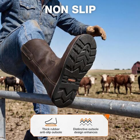 NINGO Soft Toe Work Boots for Men, Waterproof and Slip Resistant Pull-On Wellington Work Boots, Full-grain Leather, EH Protection and Durable Construction Shoes for Industrial, Farm, and Welding in Saudi Arabia