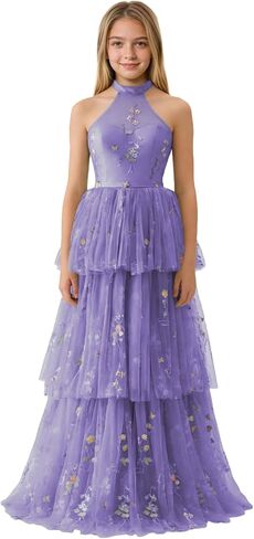 Tulle Floral Embroidery Junior Bridesmaid Dress Tiered Halter Long Fairy Girls Formal Prom Dresses for Teens in Kuwait