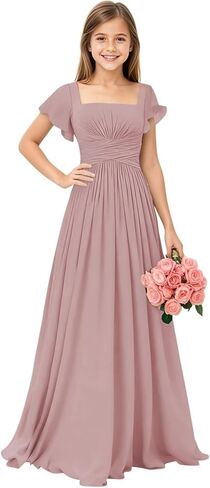 Square Neck Junior Bridesmaid Dresses Long Pleated Chiffon Girls Formal Dress Evening Gown with Sleeves in Saudi Arabia