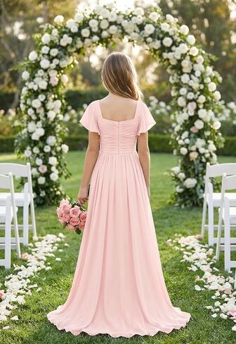 Square Neck Junior Bridesmaid Dresses Long Pleated Chiffon Girls Formal Dress Evening Gown with Sleeves in Saudi Arabia