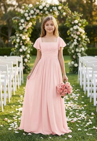 Square Neck Junior Bridesmaid Dresses Long Pleated Chiffon Girls Formal Dress Evening Gown with Sleeves in Saudi Arabia