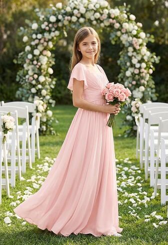 Square Neck Junior Bridesmaid Dresses Long Pleated Chiffon Girls Formal Dress Evening Gown with Sleeves in Saudi Arabia