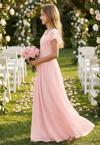 Square Neck Junior Bridesmaid Dresses Long Pleated Chiffon Girls Formal Dress Evening Gown with Sleeves in Saudi Arabia