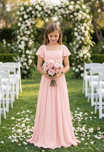 Square Neck Junior Bridesmaid Dresses Long Pleated Chiffon Girls Formal Dress Evening Gown with Sleeves in Saudi Arabia
