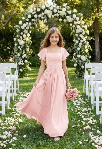 Square Neck Junior Bridesmaid Dresses Long Pleated Chiffon Girls Formal Dress Evening Gown with Sleeves in Saudi Arabia