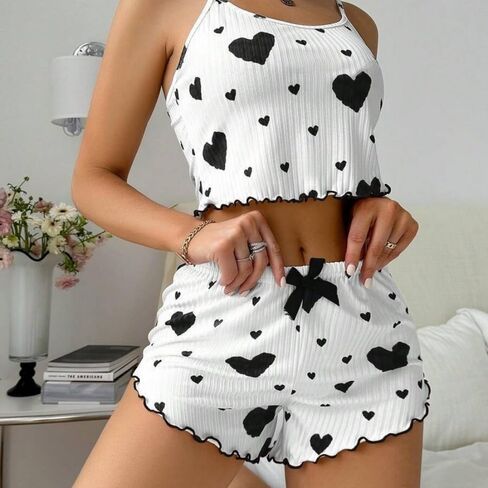 2 Pcs Women's Heart Print Ribbed Pajama, Lounge Set Spaghetti Strap Cami Top, with Ruffle Shorts 2-Piece Loungewear (Black) in Kuwait