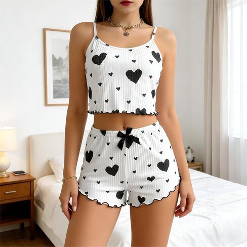2 Pcs Women's Heart Print Ribbed Pajama, Lounge Set Spaghetti Strap Cami Top, with Ruffle Shorts 2-Piece Loungewear (Black) in Kuwait