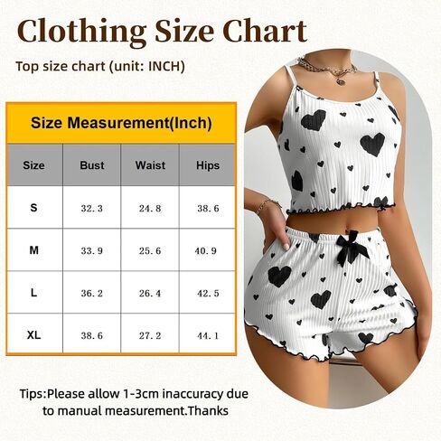 2 Pcs Women's Heart Print Ribbed Pajama, Lounge Set Spaghetti Strap Cami Top, with Ruffle Shorts 2-Piece Loungewear (Black) in Kuwait