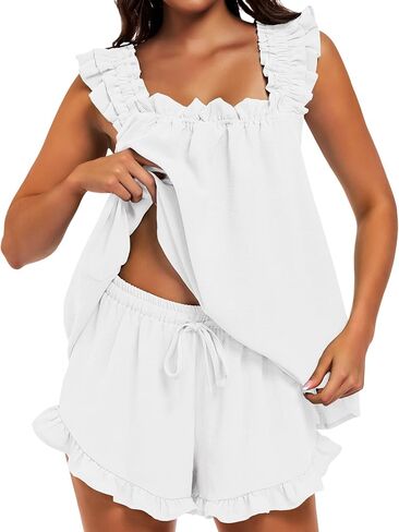 SIMIYA Pajama for Women Set 2 Piece Ruffle Pj Soft Tank Top and Shorts Bridal Pajamas Lightweight Summer Cute Sleepwear Shirt in Saudi Arabia