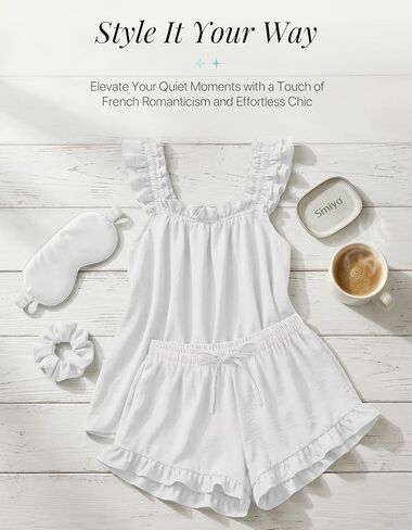 SIMIYA Pajama for Women Set 2 Piece Ruffle Pj Soft Tank Top and Shorts Bridal Pajamas Lightweight Summer Cute Sleepwear Shirt in Saudi Arabia