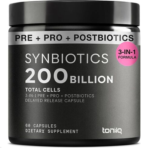 Toniiq Prebiotics and Probiotics - 200B CFU Synbiotic مع Postbiotics IMMUSE® & ButyraGen® - 30 سلالة لصحة الأمعاء والجهاز الهضمي - مستقرة على الرف - تم اختبارها من قبل طرف ثالث - 60 كبسولة in Kuwait