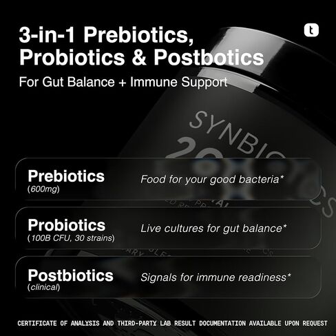 Toniiq Prebiotics and Probiotics - 200B CFU Synbiotic مع Postbiotics IMMUSE® & ButyraGen® - 30 سلالة لصحة الأمعاء والجهاز الهضمي - مستقرة على الرف - تم اختبارها من قبل طرف ثالث - 60 كبسولة in Kuwait
