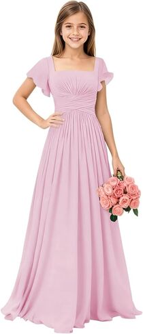 Square Neck Junior Bridesmaid Dresses Long Pleated Chiffon Girls Formal Dress Evening Gown with Sleeves in Saudi Arabia