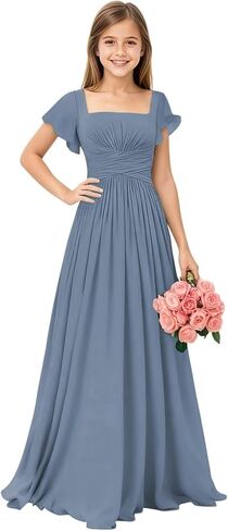 Square Neck Junior Bridesmaid Dresses Long Pleated Chiffon Girls Formal Dress Evening Gown with Sleeves in Saudi Arabia