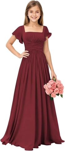 Square Neck Junior Bridesmaid Dresses Long Pleated Chiffon Girls Formal Dress Evening Gown with Sleeves in Saudi Arabia