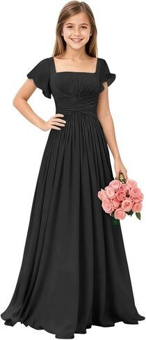Square Neck Junior Bridesmaid Dresses Long Pleated Chiffon Girls Formal Dress Evening Gown with Sleeves in Saudi Arabia