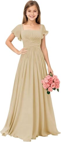 Square Neck Junior Bridesmaid Dresses Long Pleated Chiffon Girls Formal Dress Evening Gown with Sleeves in Saudi Arabia