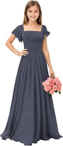 Square Neck Junior Bridesmaid Dresses Long Pleated Chiffon Girls Formal Dress Evening Gown with Sleeves in Saudi Arabia